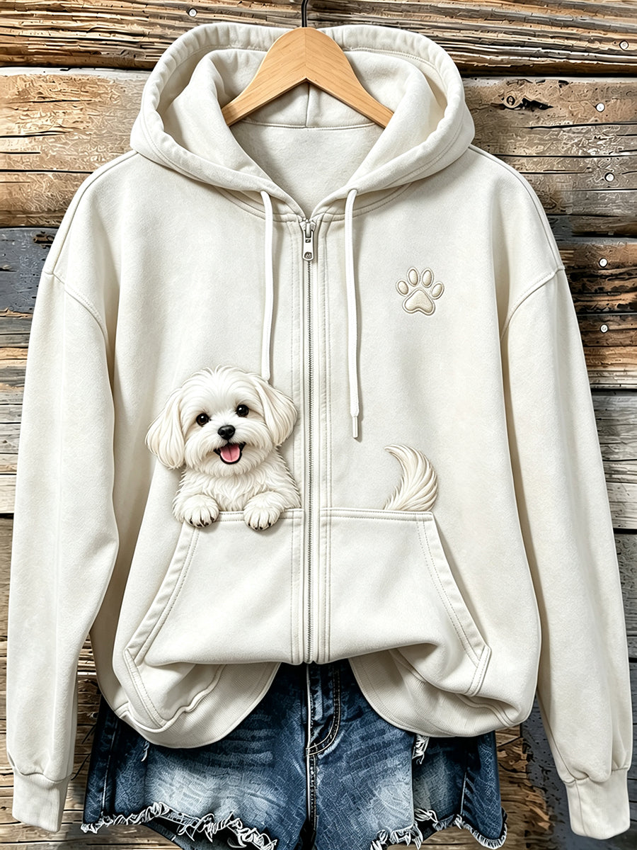 Naisten ihana Peeking maltalainen & Paw Tulosta Vintage Zip-Up Hoodie Vintage Print