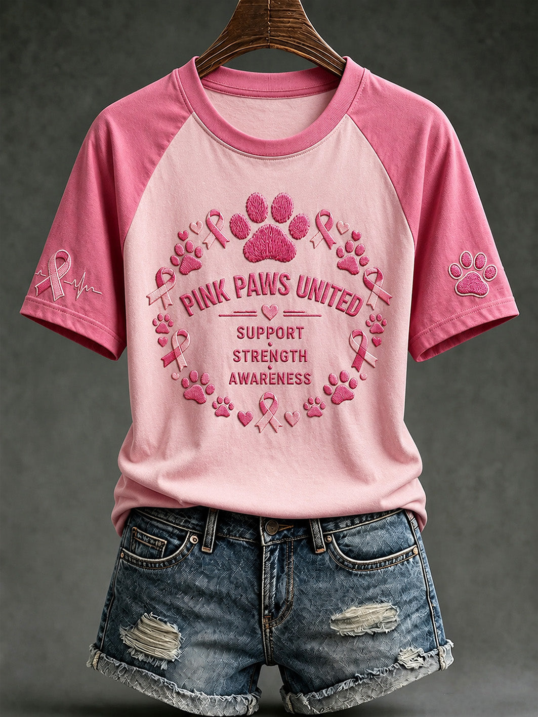 Naisten Paws For The Cure -sloganin vaaleanpunaisilla tassuilla painettu lyhythihainen T-paita