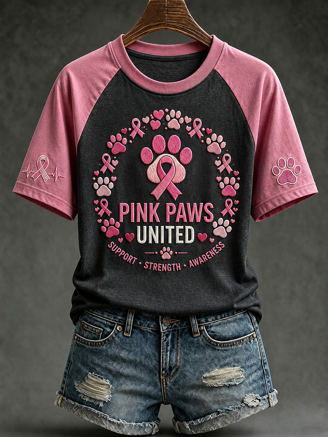 Naisten Paws For The Cure -sloganin vaaleanpunaisilla tassuilla painettu lyhythihainen T-paita