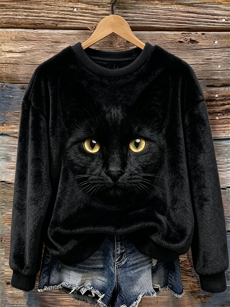 Naisten musta kissa kasvot tulosta viihtyisä Flannel Sweatshirt