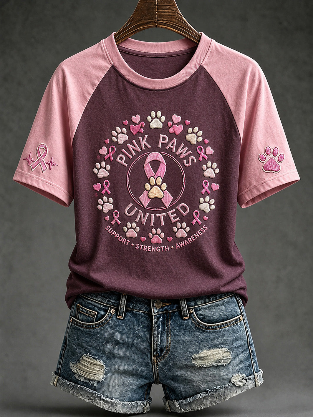 Naisten Paws For The Cure -sloganin vaaleanpunaisilla tassuilla painettu lyhythihainen T-paita