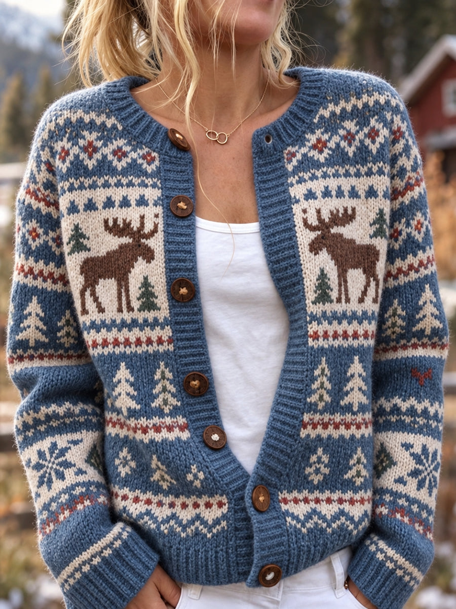 Naisten Vintage Moose Isle tulostaa Cardigan-tyyli Knit takki