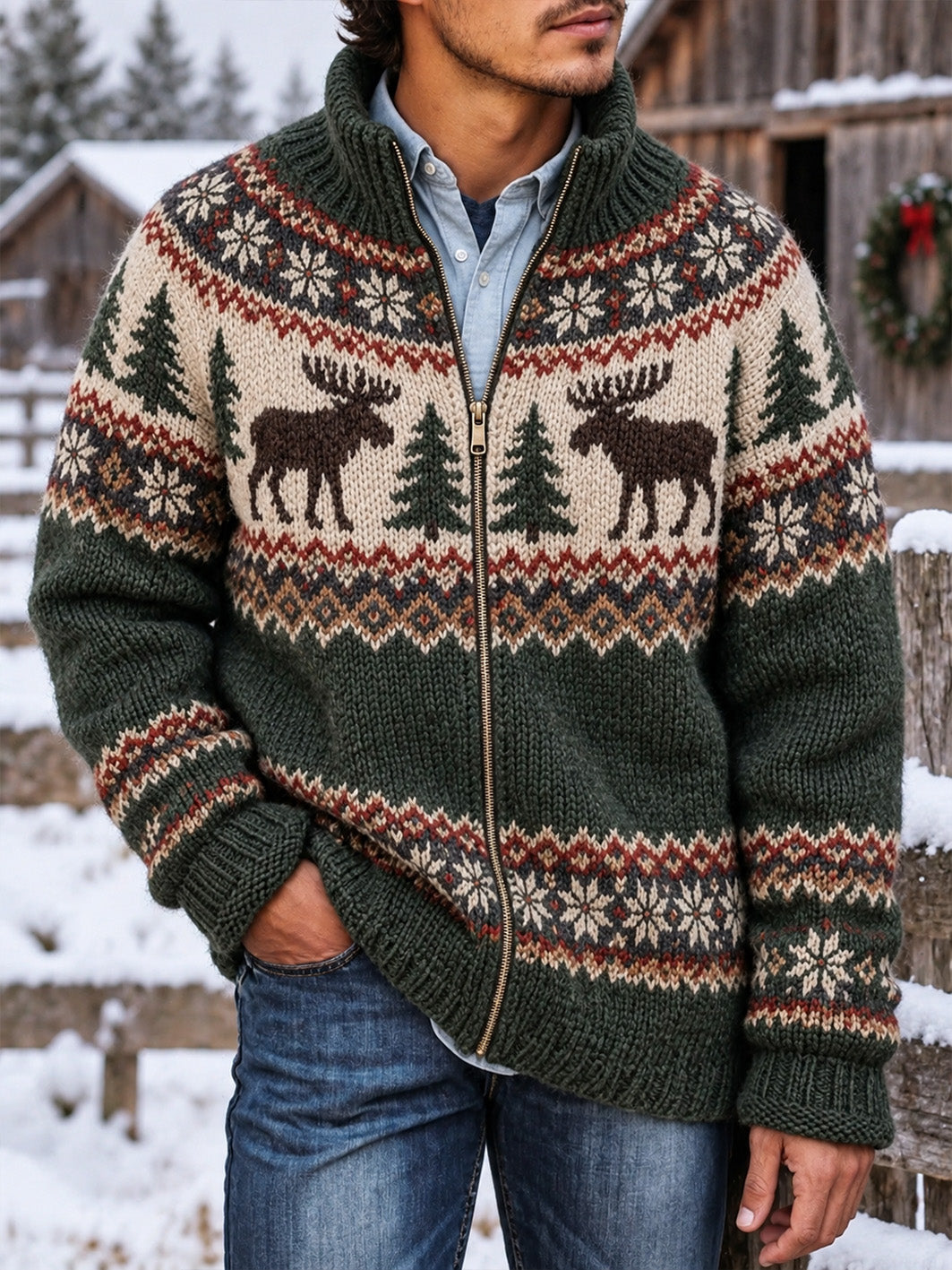 Miesten pohjoismainen tyyli Elk kuvio Casual Zip-Up Knit takki