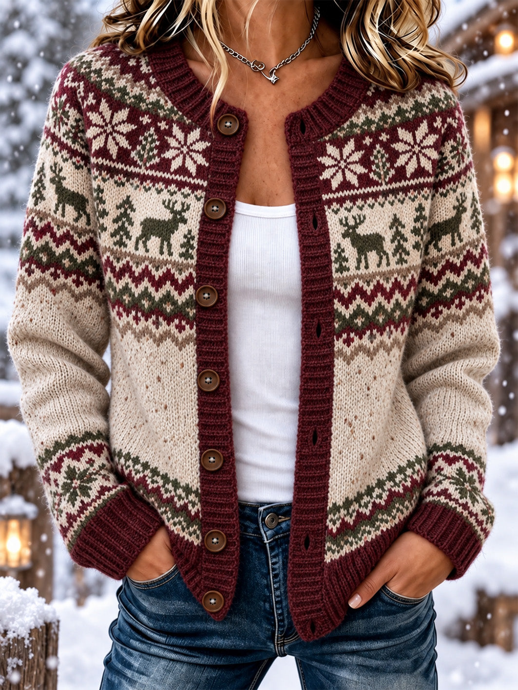 Naisten pohjoismainen tyyli Elk kuvio Casual Cardigan-Style Knit takki