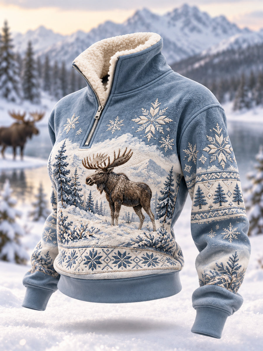 Naisten talvi Moose Print Casual Plush vetoketju pulloveri