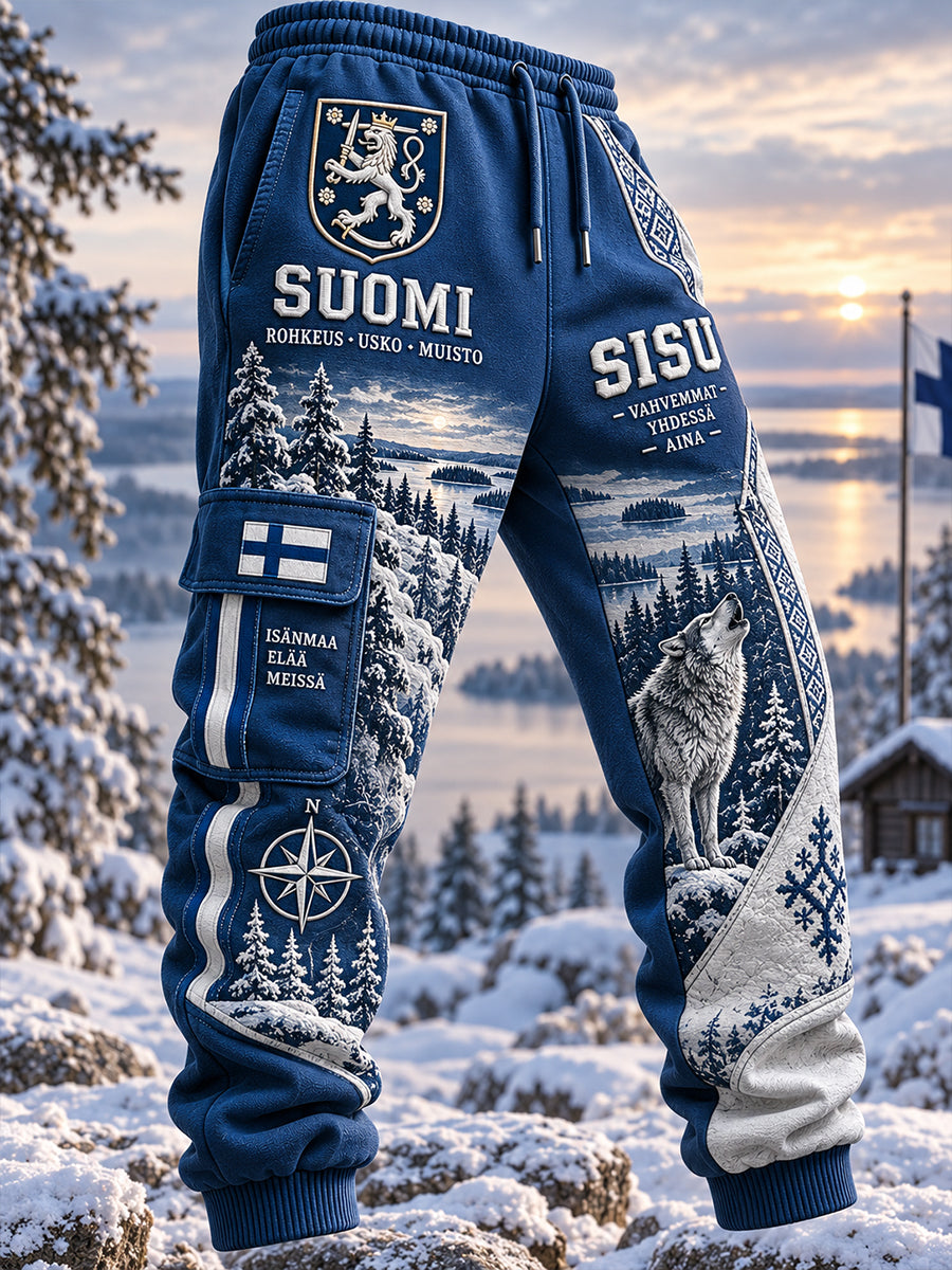 Miesten vintage-henkiset rinkalaput housut, joissa "Sisu"-veteraaniteemainen graafinen painokuviointi