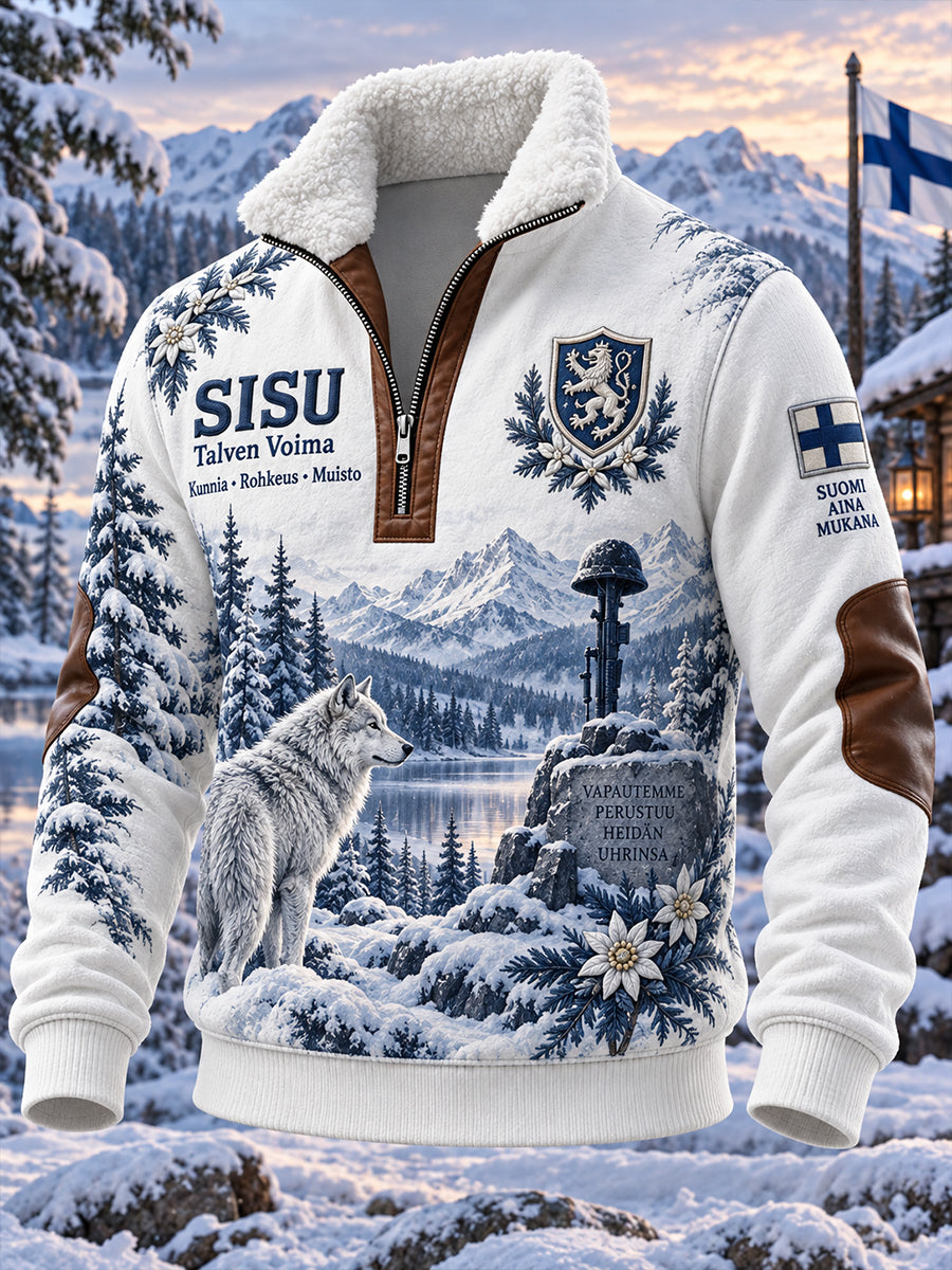 Miesten Vintage-styyli "Sisu" Veteran-teema grafiikka zip-Up Mock kaula yli