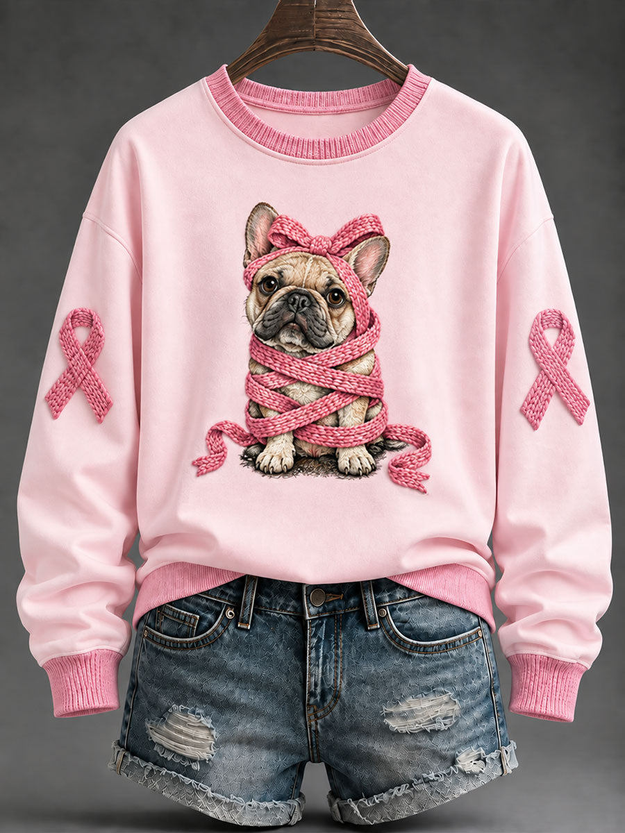 Naisten vaaleanpunainen nauha ranskalainen Bulldog tulostaa Casual Säännöllinen Sweatshirt