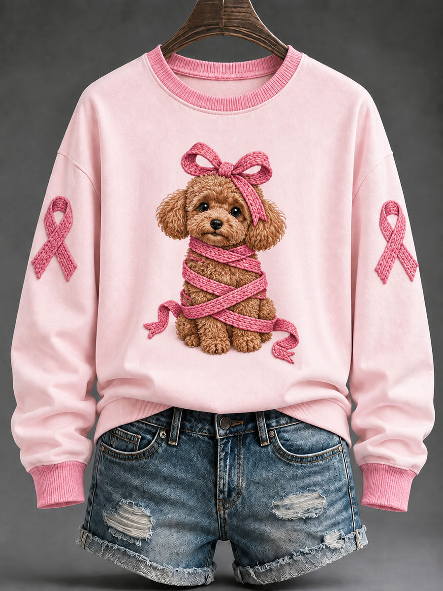 Naisten vaaleanpunainen nauha Poodle Print Casual Säännöllinen Sweatshirt