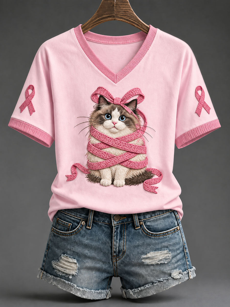 Naisten vaaleanpunainen nauha Ragdoll Cat Print Casual T-paita