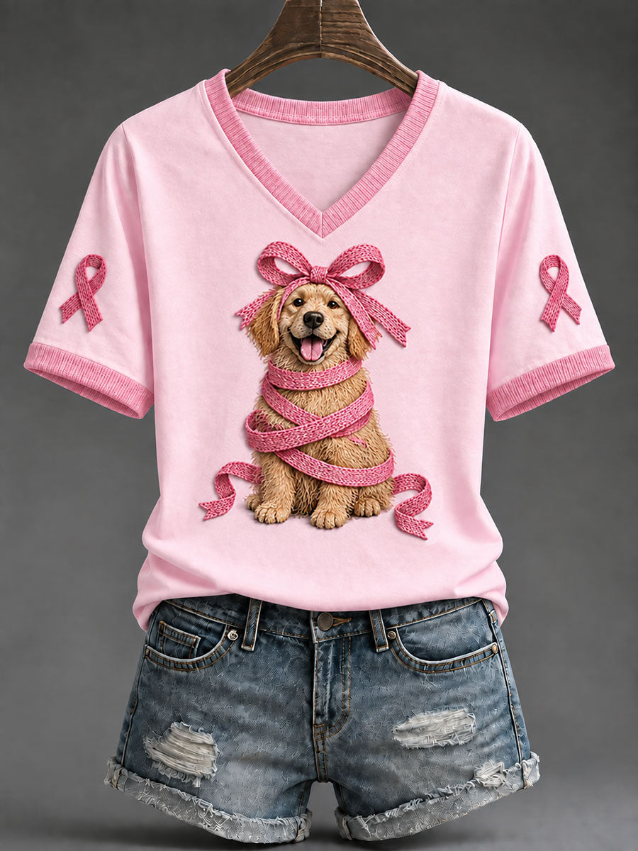 Naisten vaaleanpunainen nauha kultainen retriever Print Casual T-paita