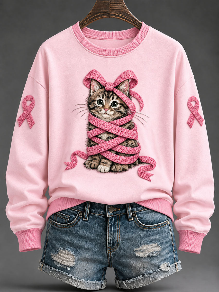 Naisten vaaleanpunainen nauha Tabby Cat Print Casual Säännöllinen Sweatshirt