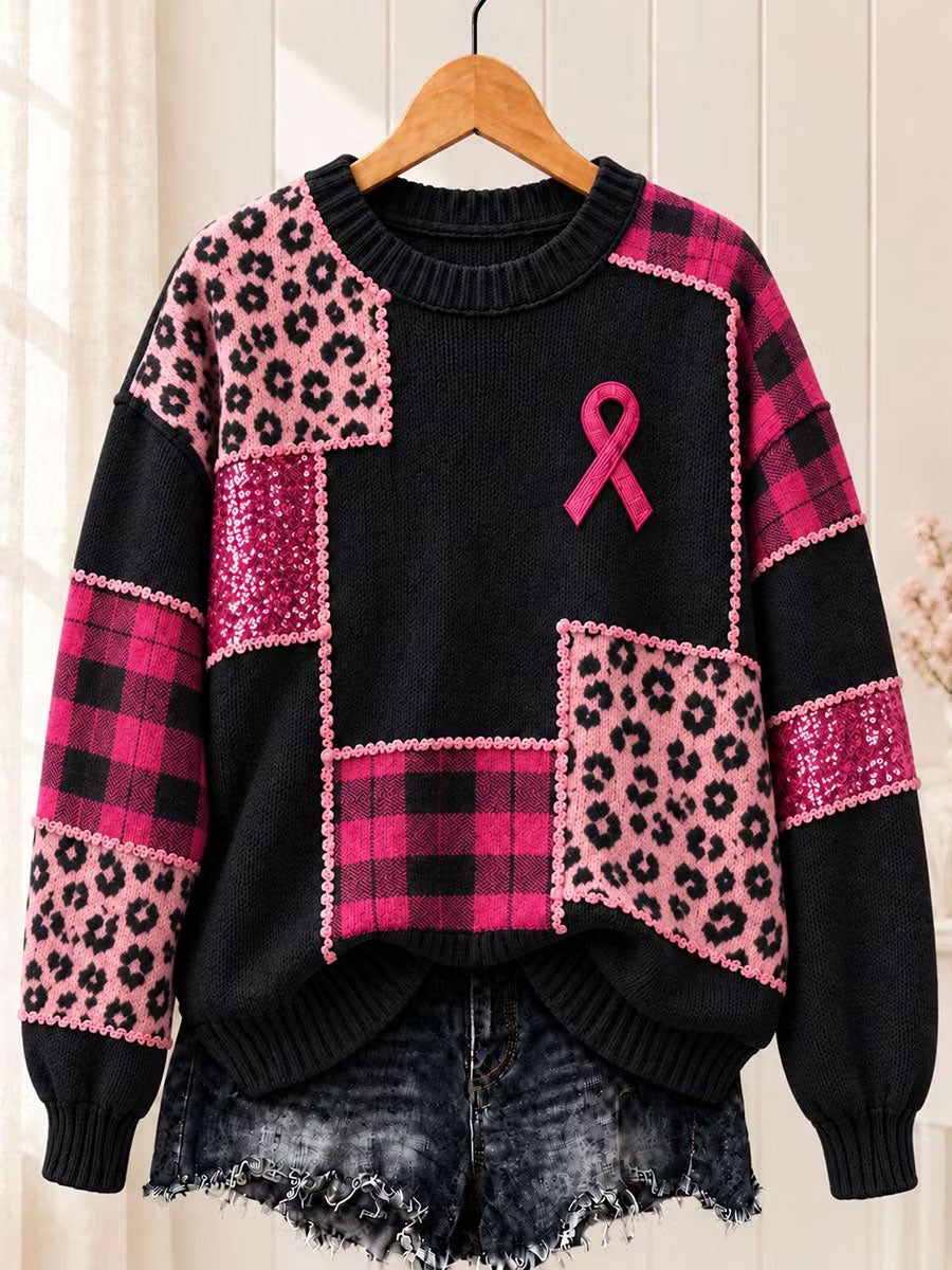 Naisten rintasyöpä vaaleanpunainen nauha miehistö kaula Sweater.
