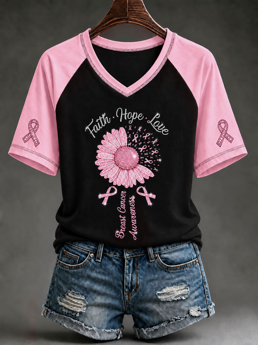 Naisten vaaleanpunainen Rhinestone Kukka rintasyöpä tietoisuus lyhythihiha T-paita