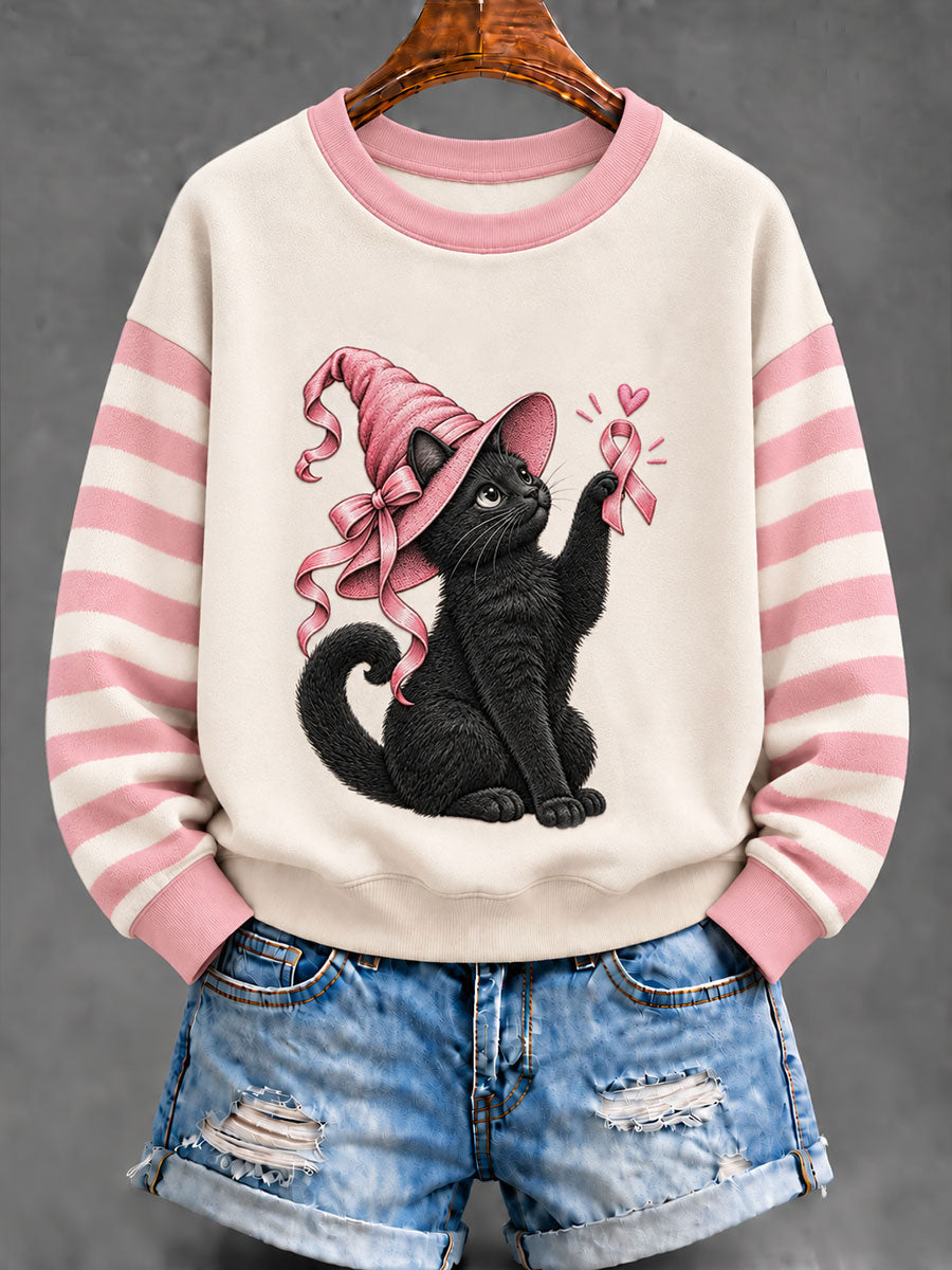 Naisten vaaleanpunainen nauha musta kissa säännöllinen Sweatshirt