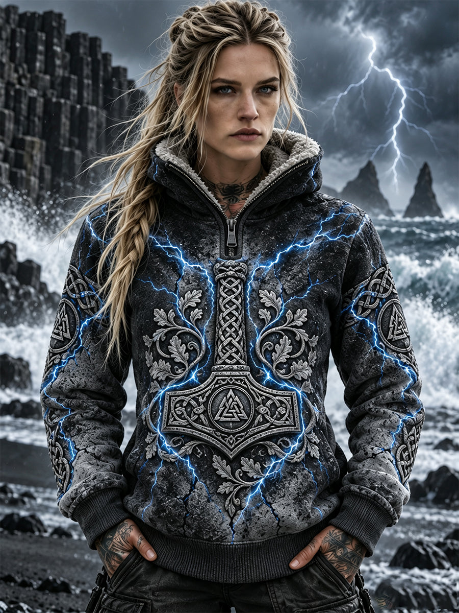Naisten Retro Nordic Viking Fleece-Lined Zipper Sweatshirt