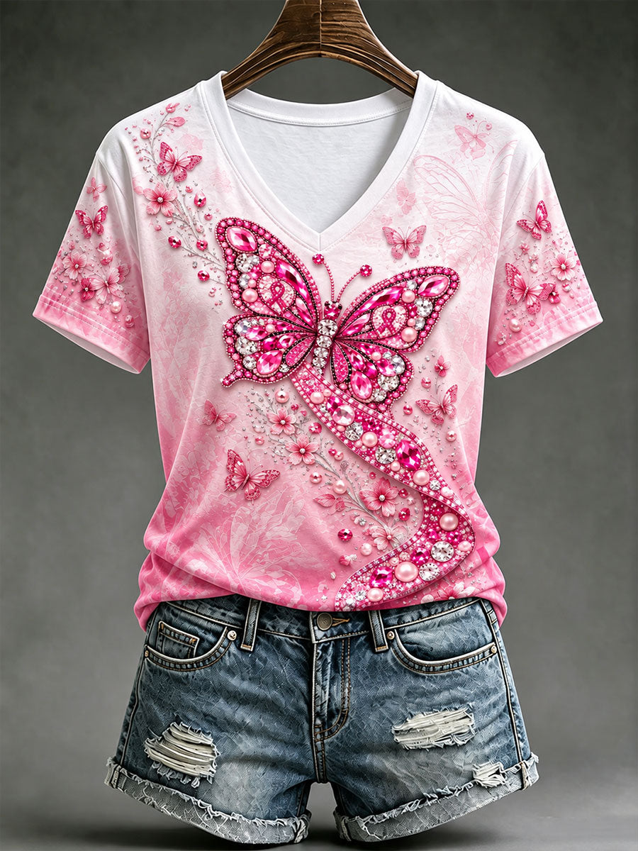 Naisten rintasyöpä Tietoisuus Butterfly Print Short-sleeved T-paita