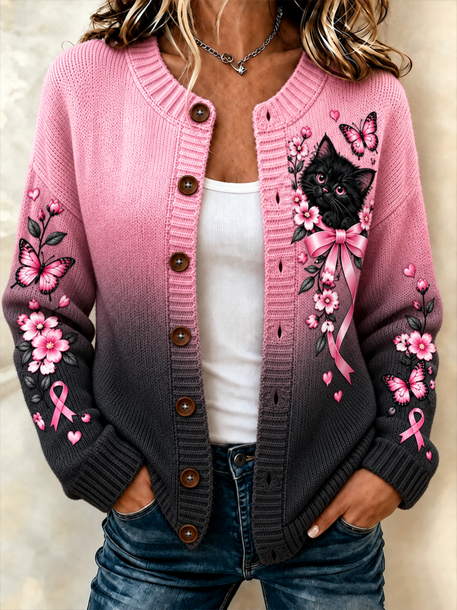 Naisten musta ja vaaleanpunainen kissa ja kukka tulosta Cardigan-Tyyli Knit takki