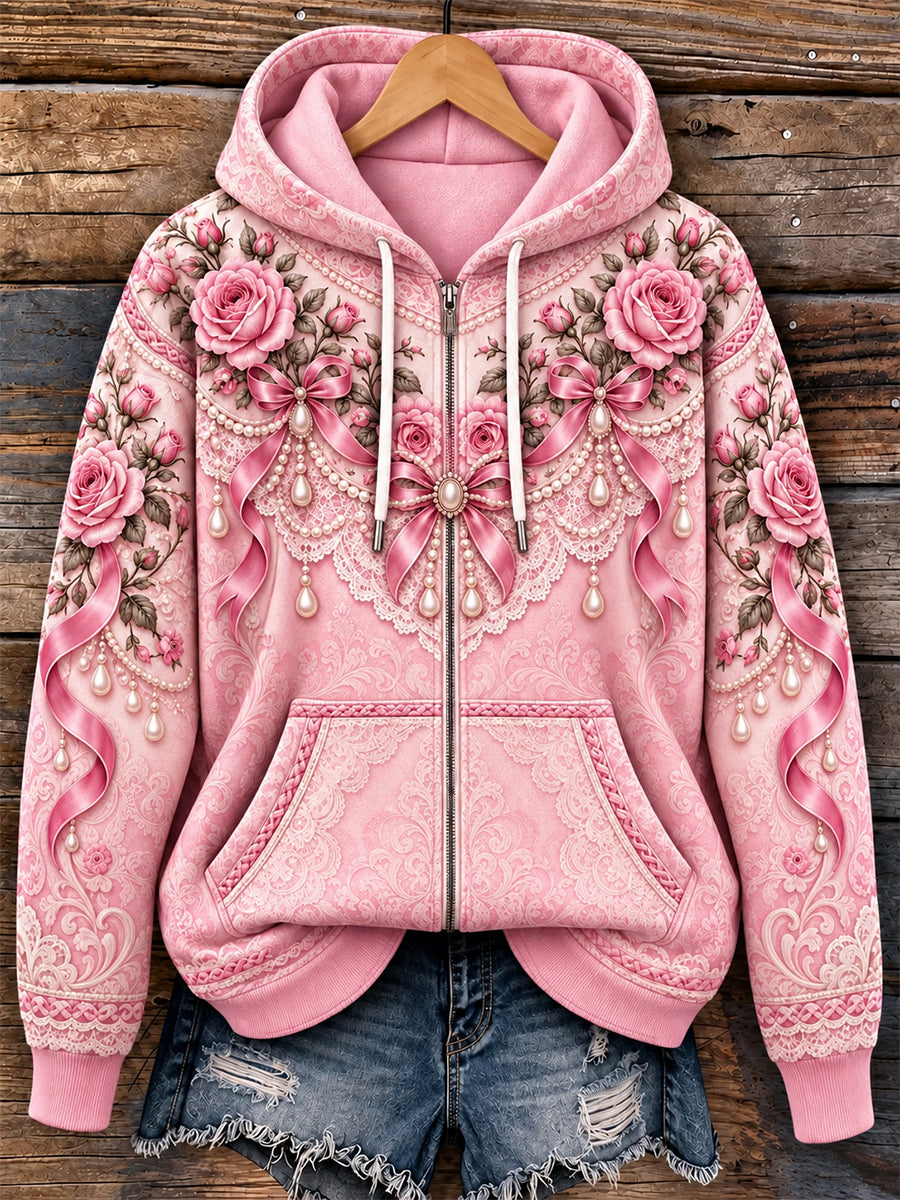 Naisten rintasyöpä tietoisuus pitkähiha vetoketju Hoodie.