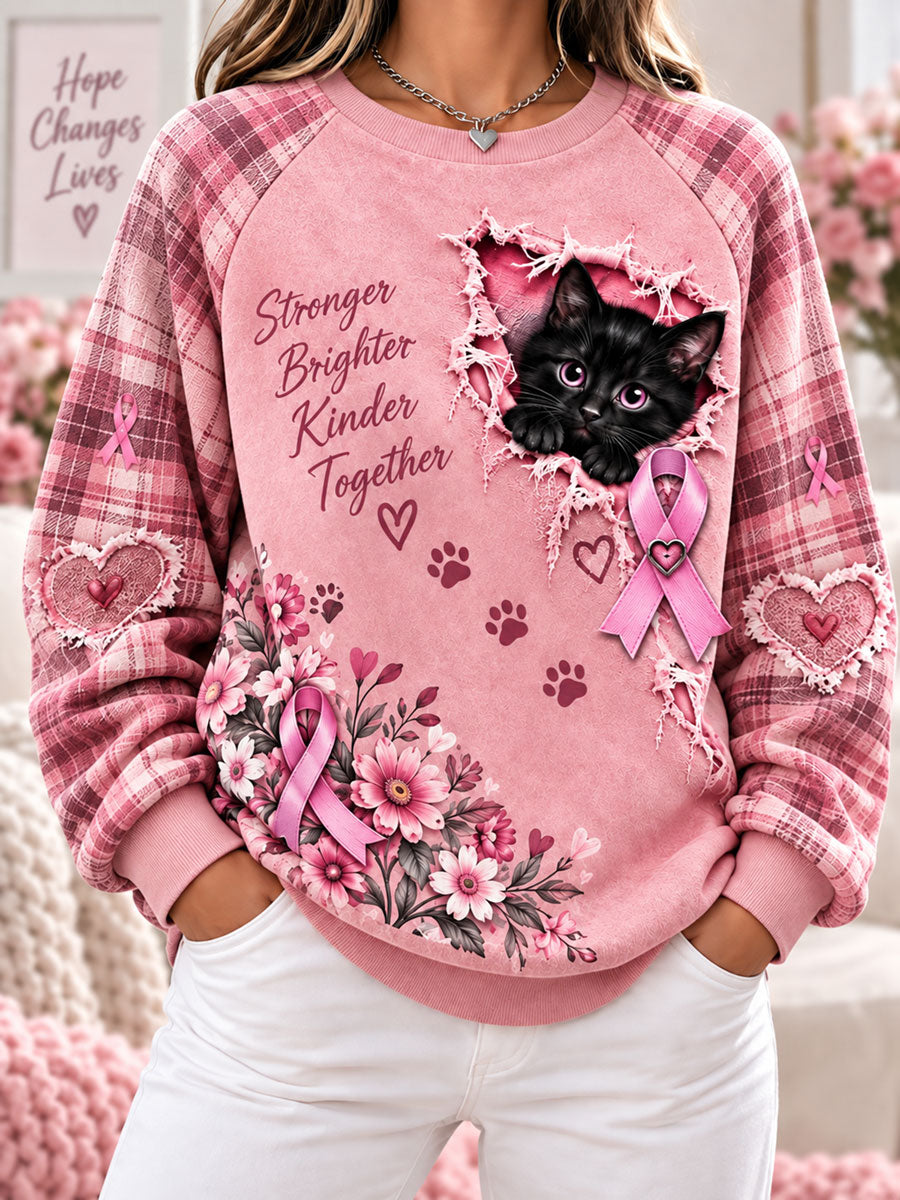Naisten rintasyöpä tietoisuus Cat Print Casual Sweatshirt