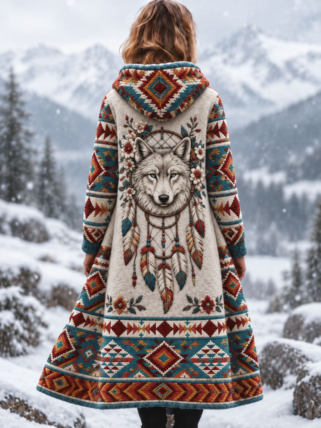 Naisten Vintage Viking Wolf Head Aztec paksu flanelli takki
