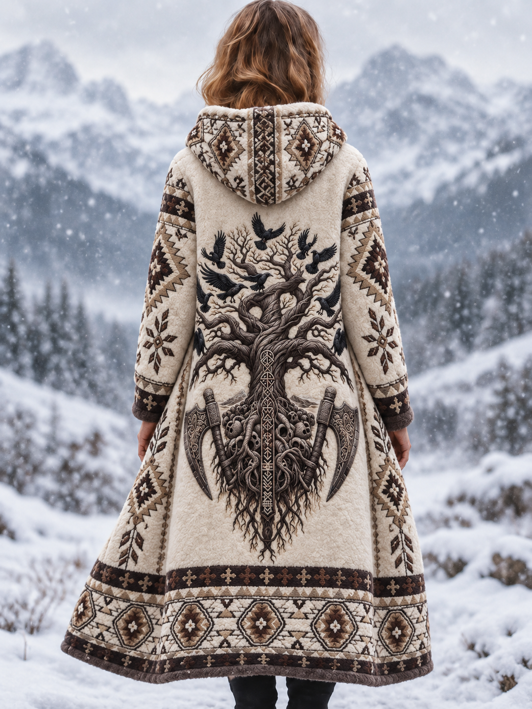 Naisten Vintage Pohjoismainen Viking Puu elämän & Korppi Aztec paksu flanelli takki