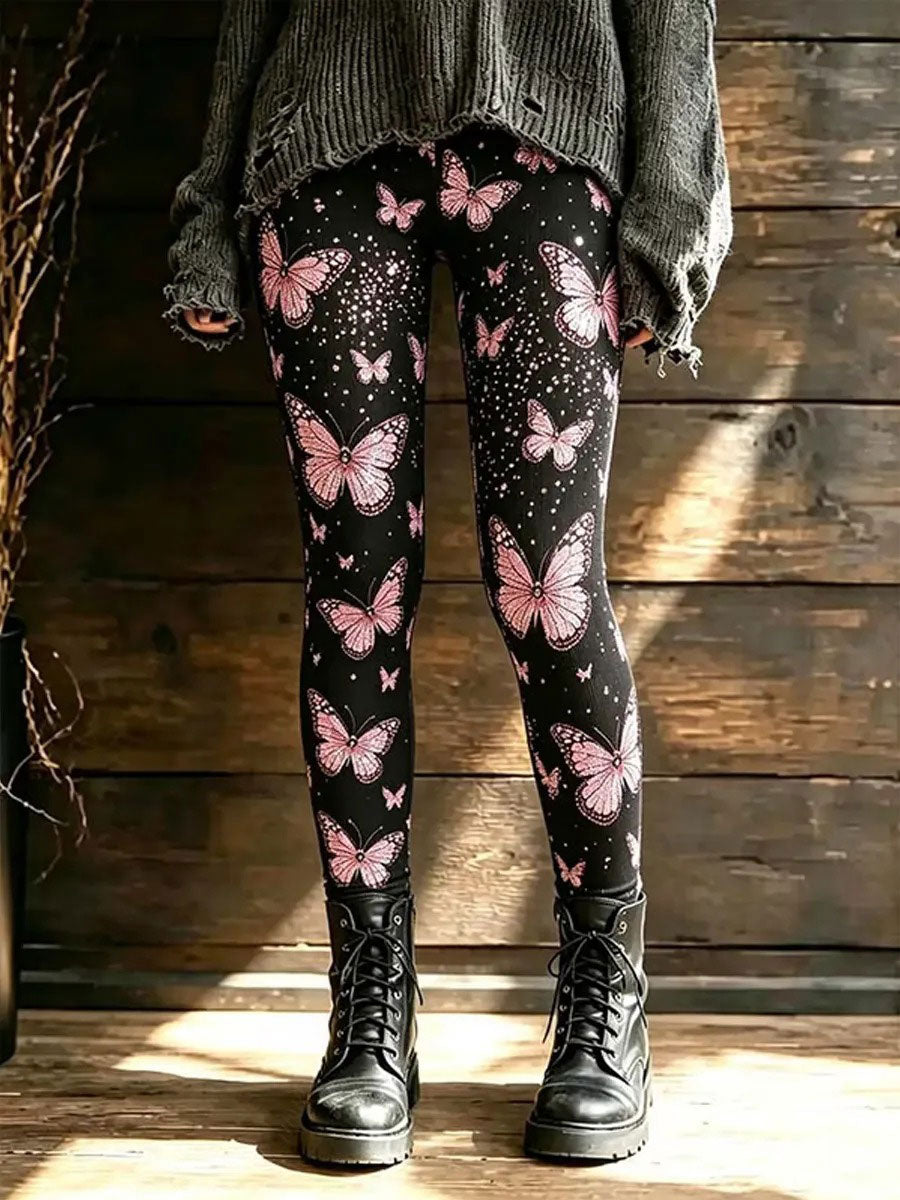 Naisten rintasyöpä tietoisuus Butterfly Print Sametti Leggings