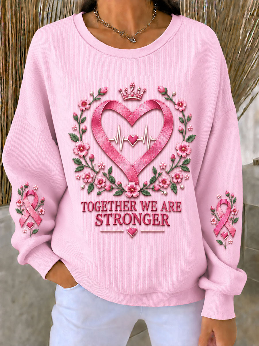 Naisten rintasyöpä vaaleanpunainen nauha kukka Ribbed pyöreä kaula Sweatshirt