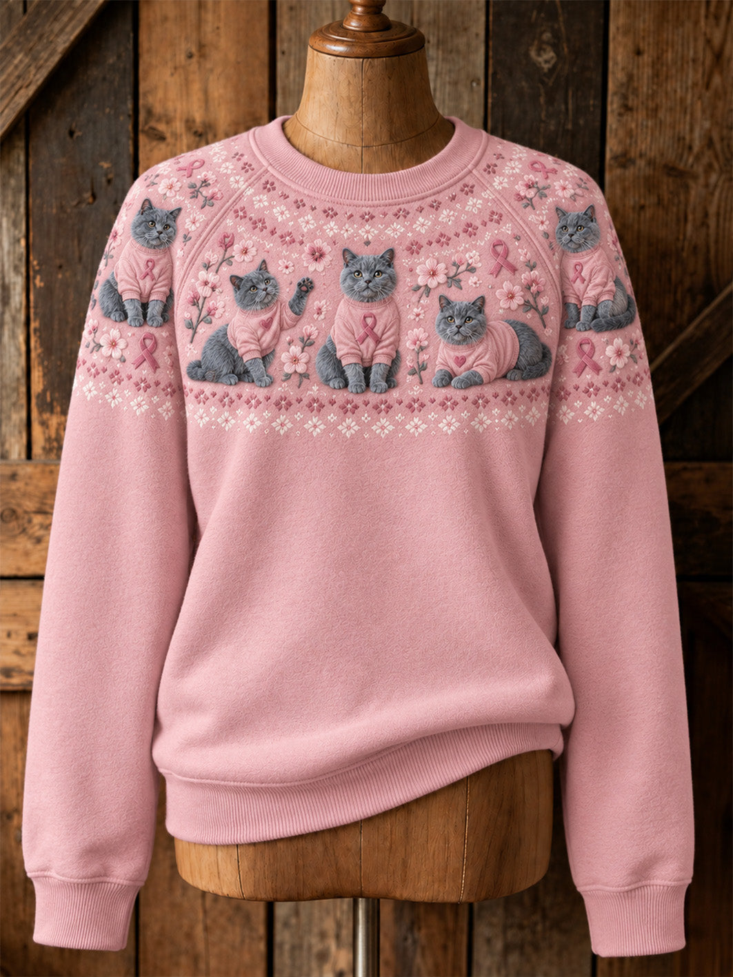 Naisten Cat kuvio ja vaaleanpunainen hyväntekeväisyys Ribbon suunnittelu Raglan hiha Sweatshirt