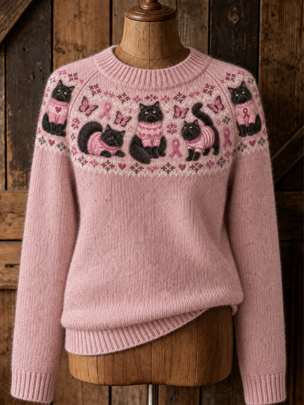 Naisten Cat kuvio ja vaaleanpunainen hyväntekeväisyys Ribbon suunnittelu Raglan hihassa Sweater.