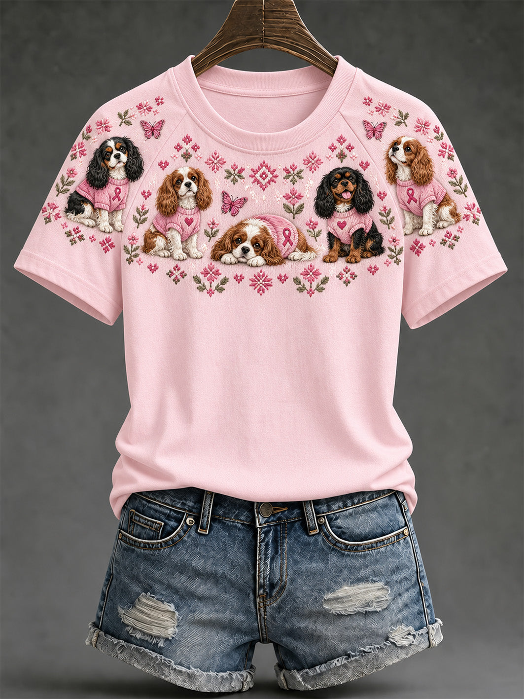 Naisten koiran kuvio ja vaaleanpunainen hyväntekeväisyys Ribbon Design Casual Short sleeve T-paita