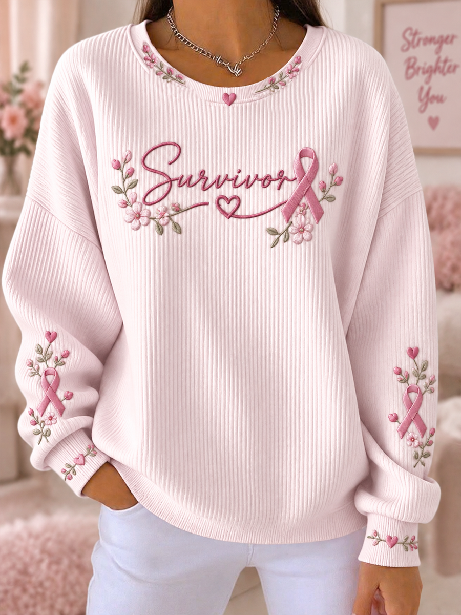 Naisten rintasyöpä vaaleanpunainen Art Print Ribbed pyöreä kaula Sweatshirt