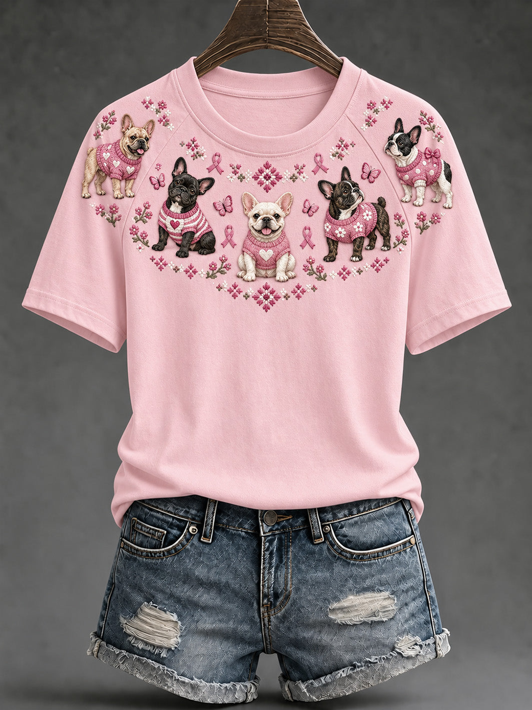 Naisten koira kuvio ja vaaleanpunainen hyväntekeväisyysnauha suunnittelu Casual Short Sleeve T-paita