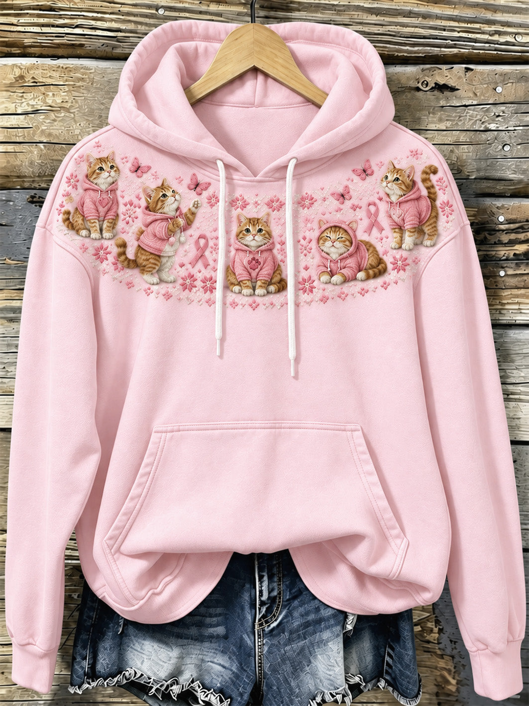 Naisten Cat kuvio ja vaaleanpunainen hyväntekeväisyys Ribbon suunnittelu Casual Hoodie suunnittelu