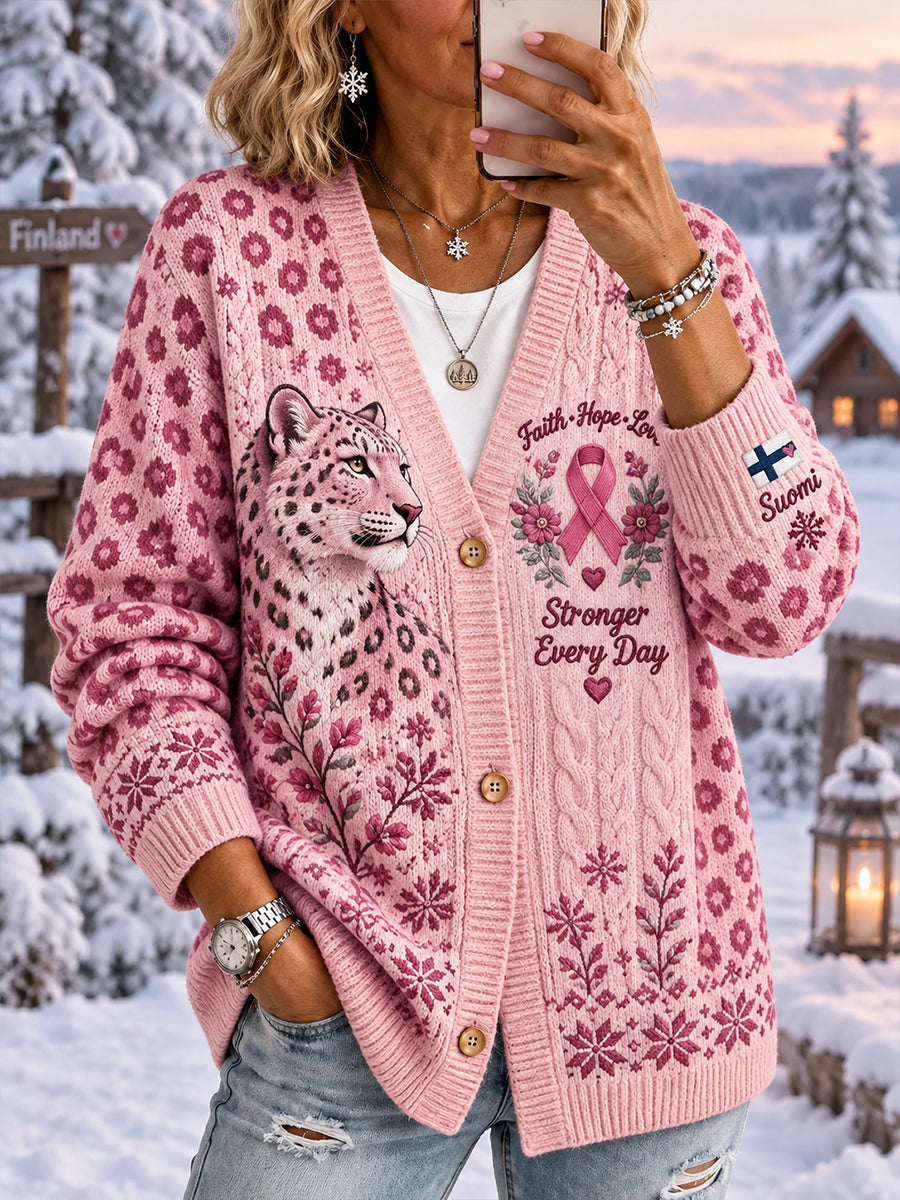 Naisten rintasyöpätietoisuutta edistävä graafinen neuletakki