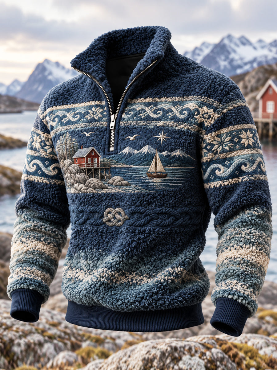 Retro pohjoismainen rannikkoteemainen flanellinen vetoketjullinen collegepaita