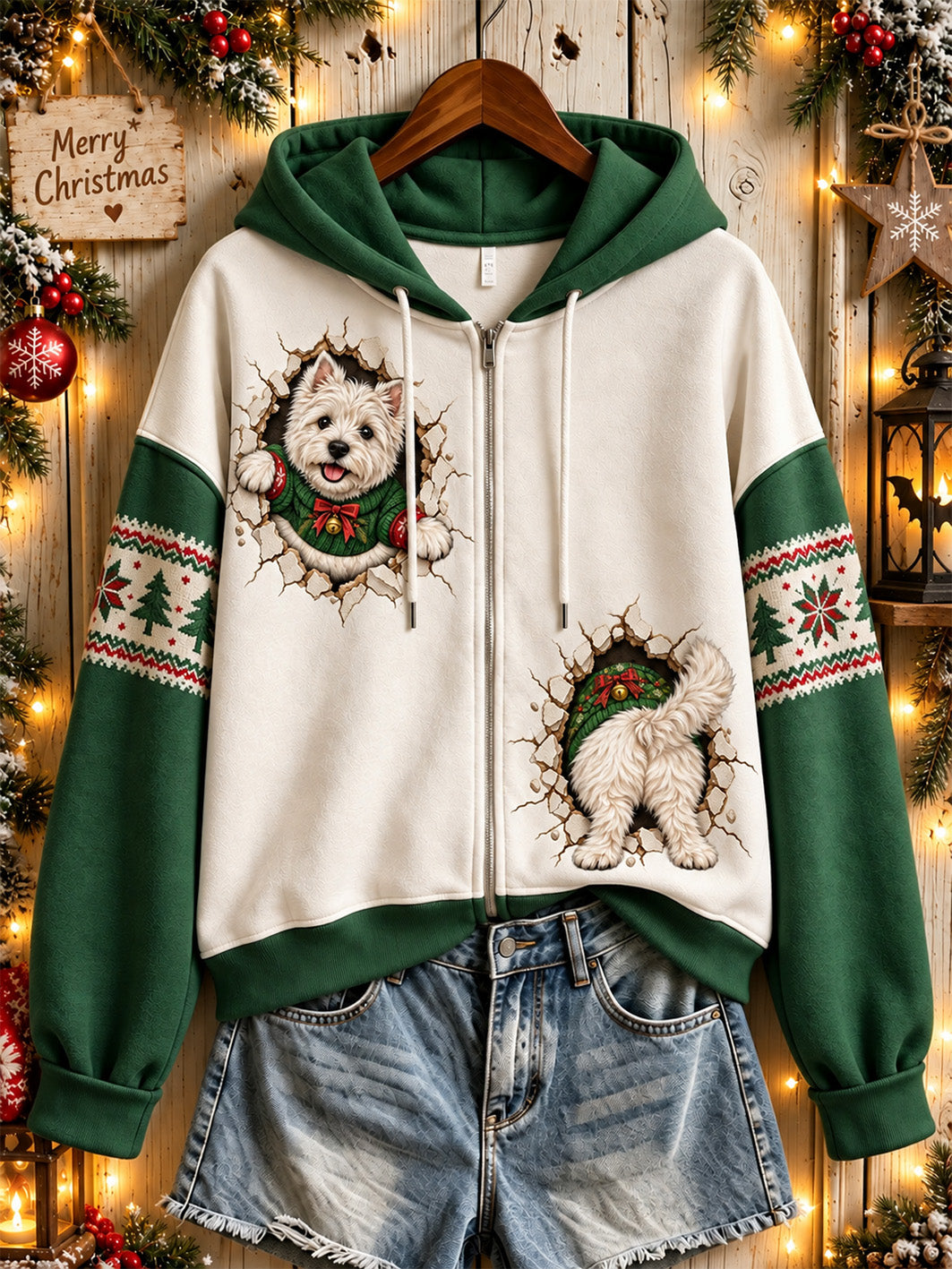Naisten joulu koira kuvio Casual Zip-Up Hoodie.
