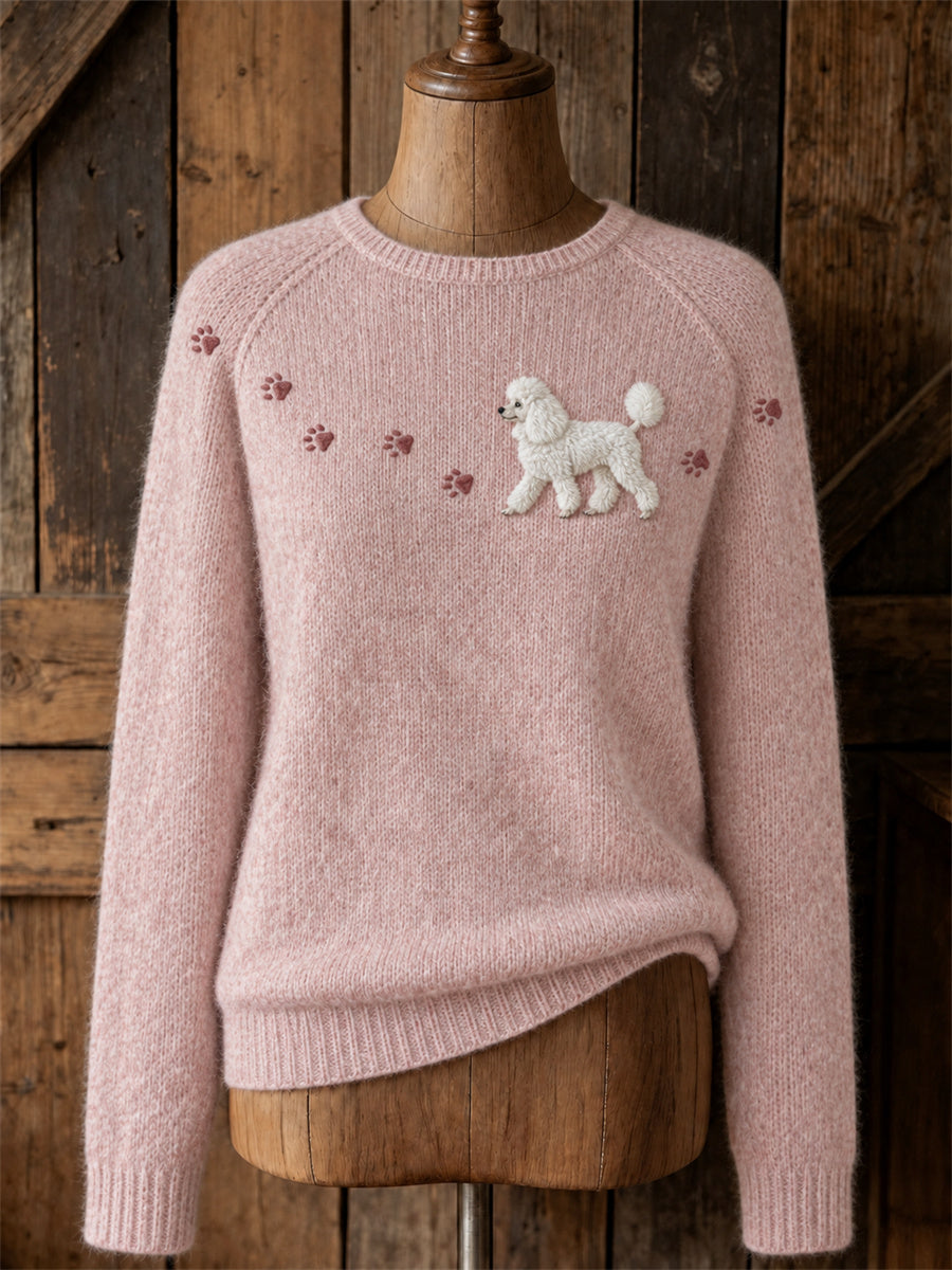 Naisten ihana Poodel Dog kävely & Paw Prints Yoke Print miehistö kaula villapaiden