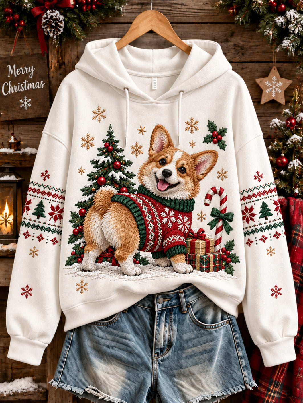 Naisten joulu Corgi kuvio Casual Hoodie.