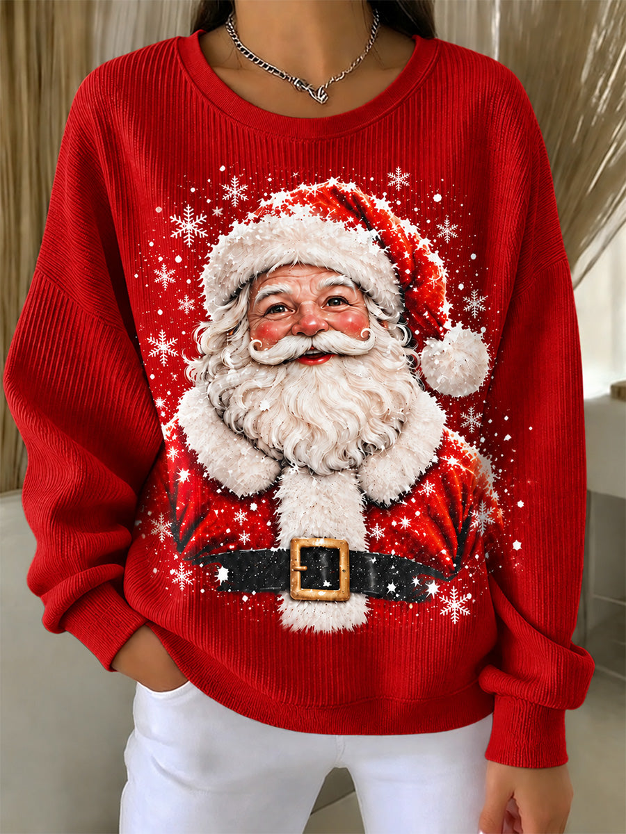 Naisten joulupukki tulostaa Sattuva Ribbed pyöreä kaula Sweatshirt