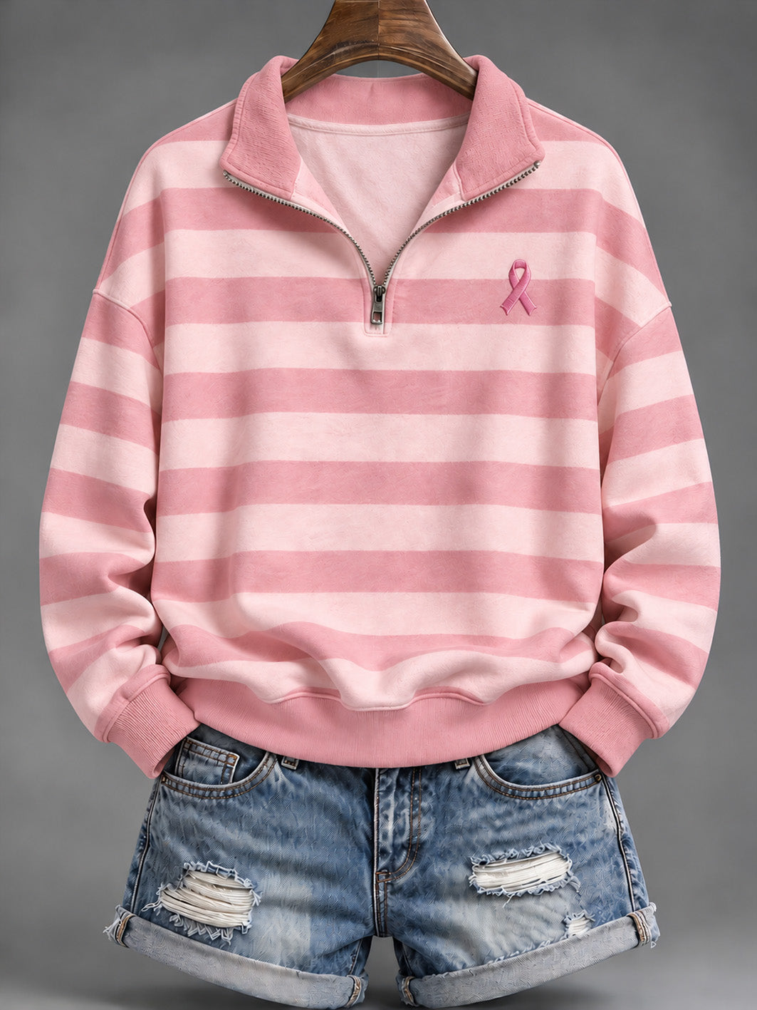 Naisten vaaleanpunainen raidallinen ja vaaleanpunainen hyväntekeväisyys Ribbon kuvio Casual Half-Zip Sweatshirt