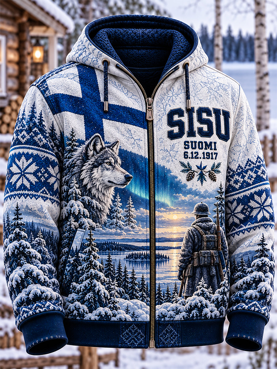 Miesten retro suomalainen itsenäisyyspäivän Sisu-lampaannahkakangashuivitakki