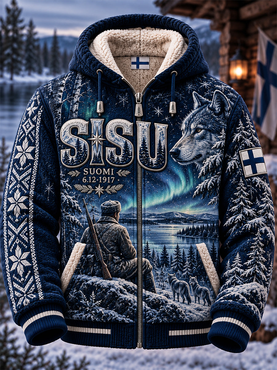 Miesten retro suomalainen itsenäisyyspäivän Sisu-lampaannahkakangashuivitakki