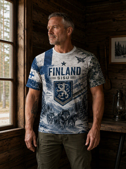 Miesten Sisu-perintö kulttuurielementit taidepainatukset T-paita (suomalainen veteraani)