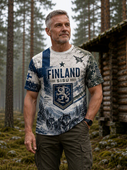 Miesten Sisu-perintö kulttuurielementit taidepainatukset T-paita (suomalainen veteraani)