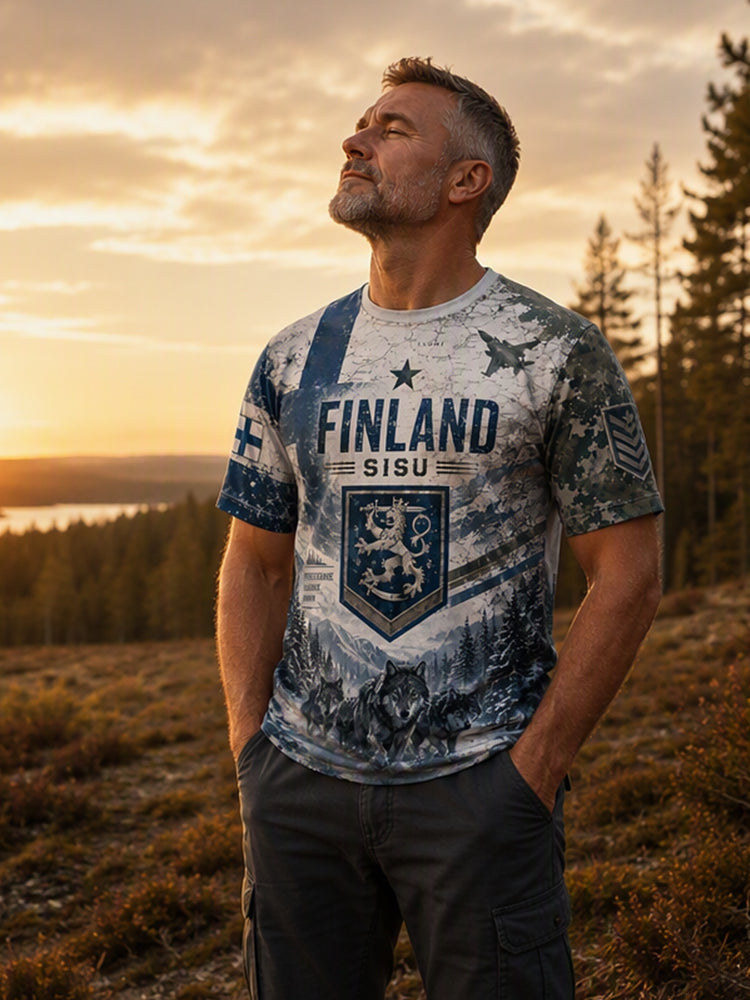 Miesten Sisu-perintö kulttuurielementit taidepainatukset T-paita (suomalainen veteraani)