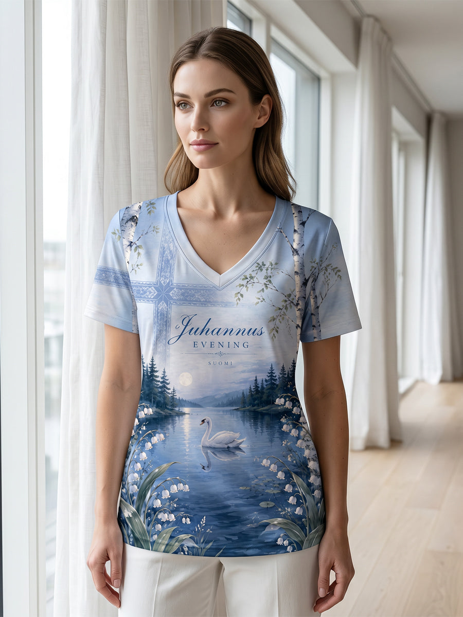 Naisten Suomi Midjuter Festival Printed Casual V-kaula T-paita