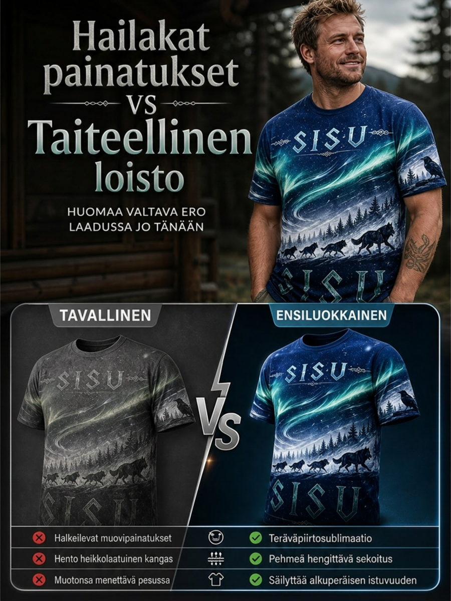 Miesten suomalainen veteraanien Sisu-elementti taidepainatuksella varustettu lyhythihainen t-paita