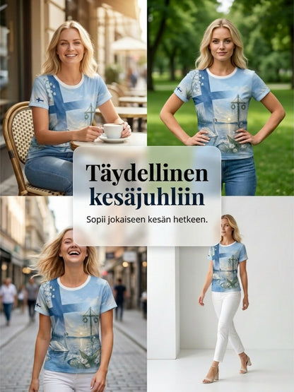 Naisten juhannusfestivaali -painokuvio, rento lyhythihainen t-paita