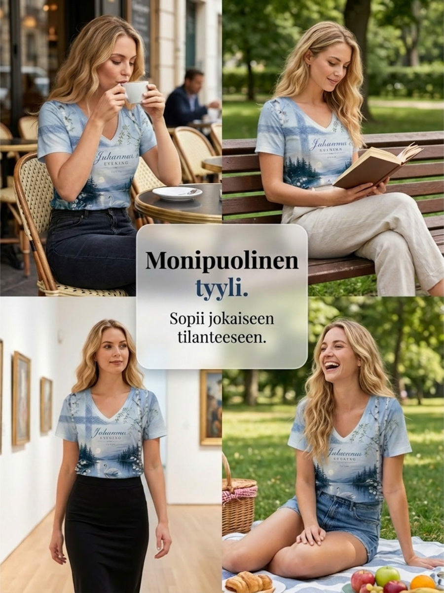 Naisten Suomi Midjuter Festival Printed Casual V-kaula T-paita